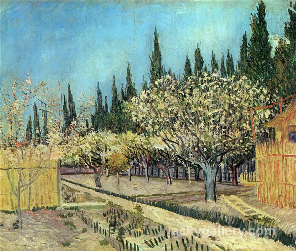 Orchard in Blossom, Bordered by Cypresses, Van Gogh painting